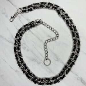 Womens Black Faux Leather Woven Silver Chain Link Belt Medium/Large (M/L) ✨